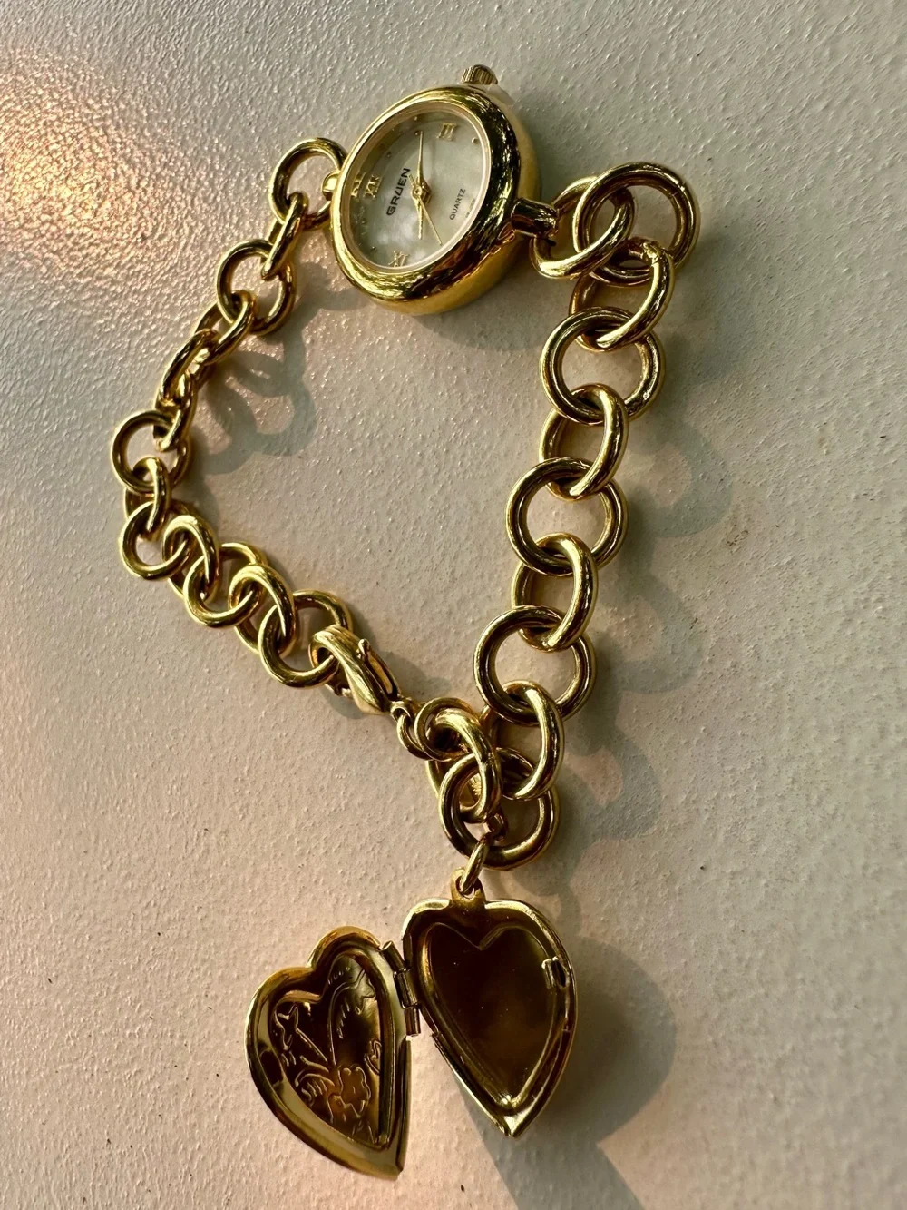 Gold-Tone Heart Charm Bracelet Watch - Unbranded